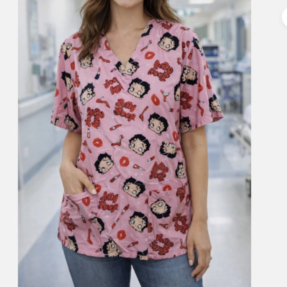 Betty Boop Women’s V-Neck Scrub Top  Colorful Lips & Lipstick Pocket Large NWT